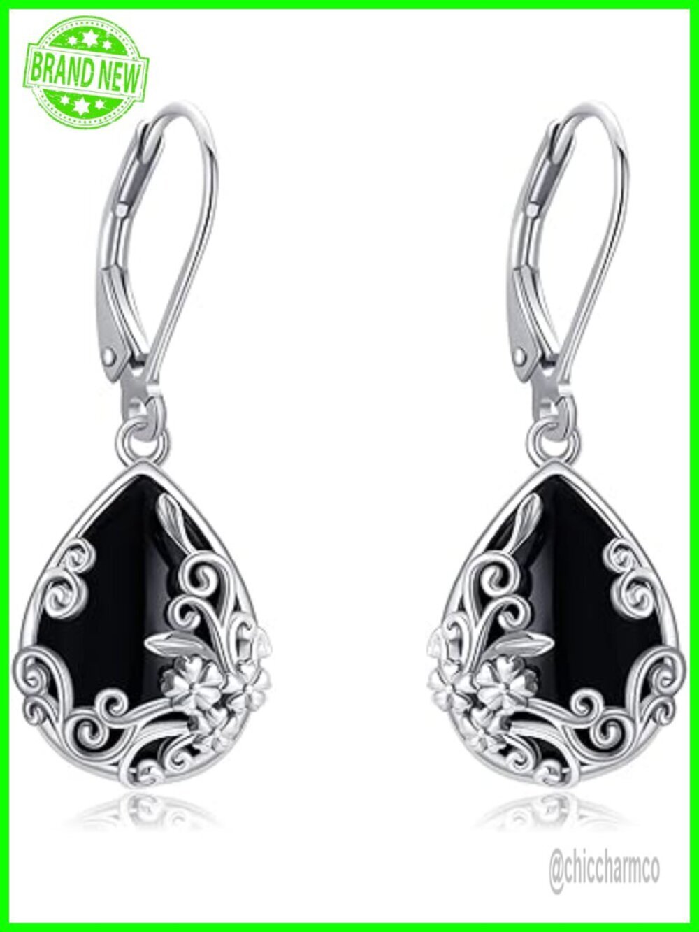 925 Sterling Silver Black Onyx Dangle Drop Filigree Earrings